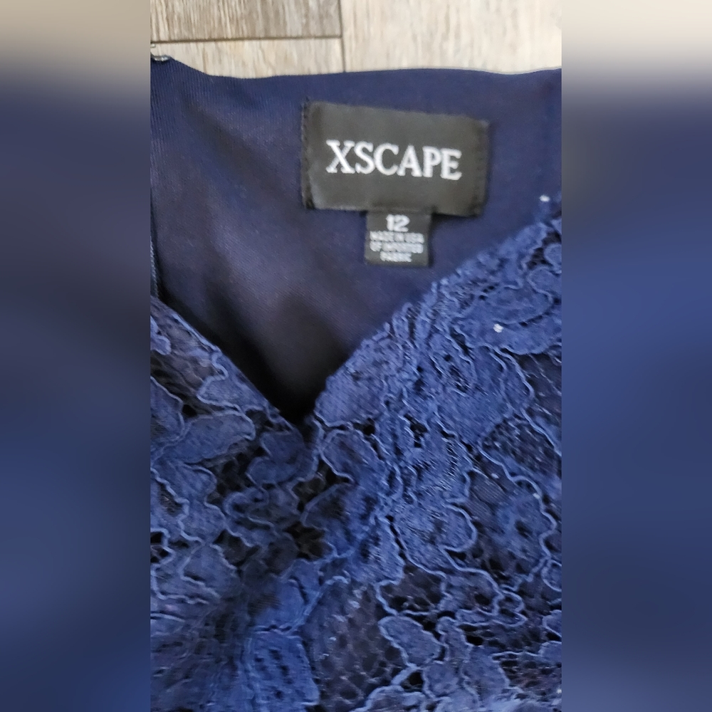 Xscape Off-the-Shoulder High Low Floral Flouce Lace Dress- Navy Blue - Picture 8 of 12